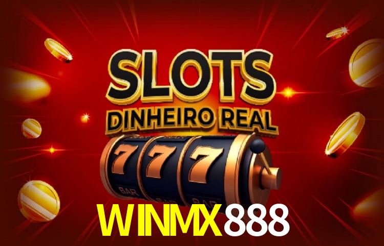 Escena dinámica inspirada en casino con iluminación WINMX888, cartas, fichas e íconos de juegos digitales en un espacio moderno de juegos.