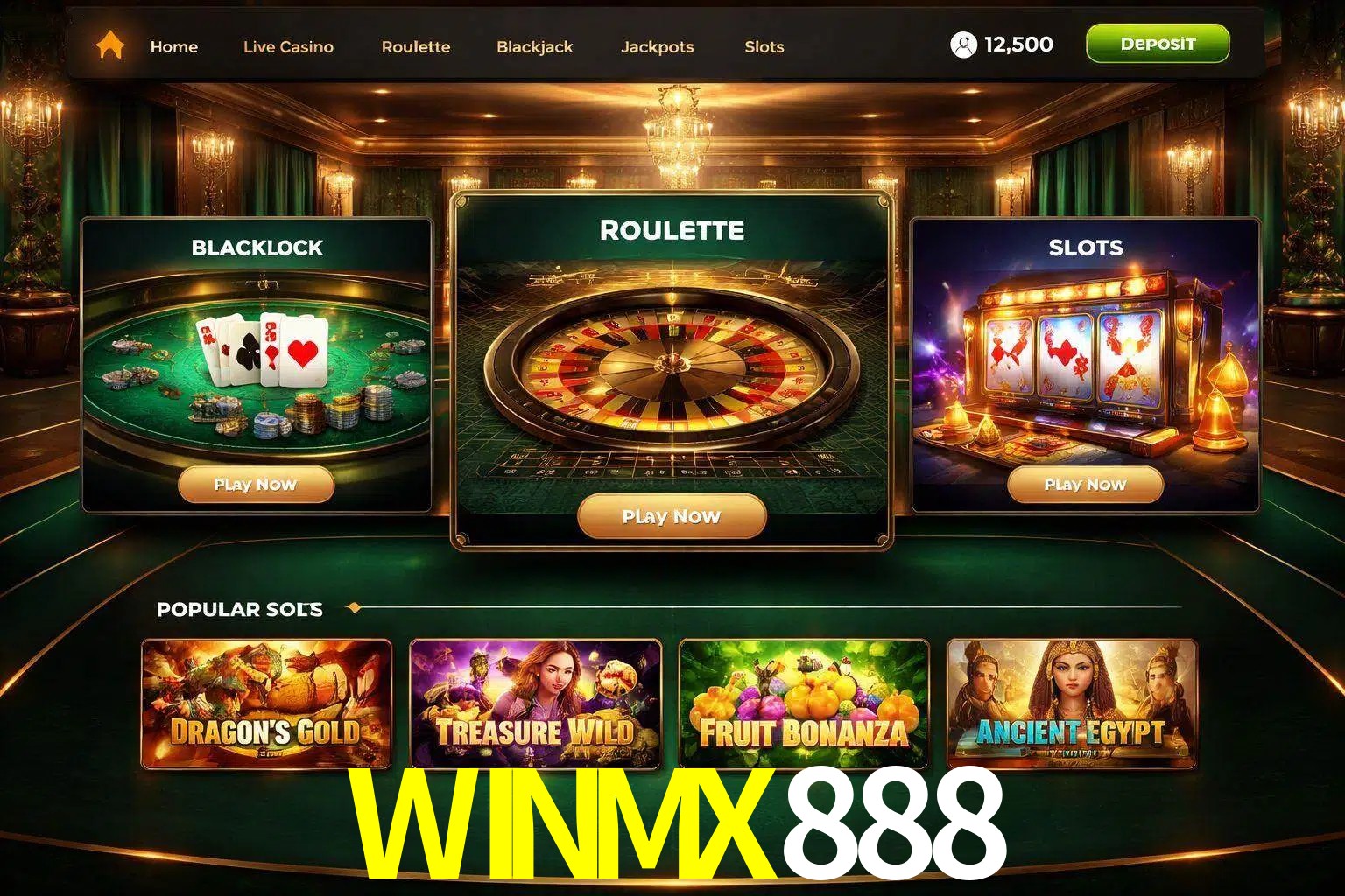 Vista de la plataforma WINMX888 Casino mostrando categorías organizadas de juegos en línea