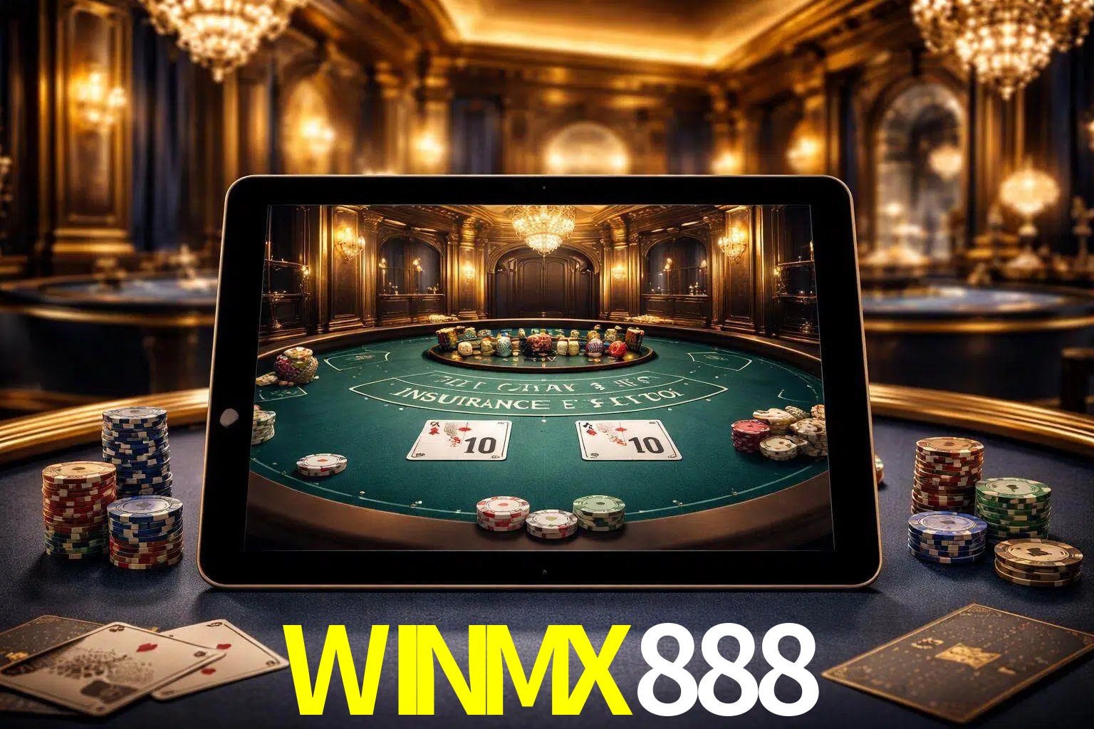 Configuración moderna de casino en vivo con una tableta mostrando una mesa de blackjack, luces cálidas de estudio y una atmósfera elegante de juegos digitales.