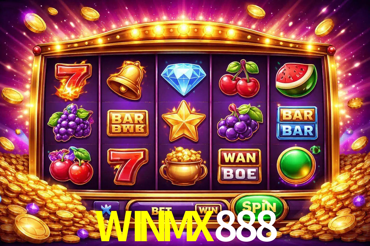 Una interfaz colorida de tragamonedas en línea con símbolos brillantes, monedas y un efecto de victoria celebratoria en WINMX888.