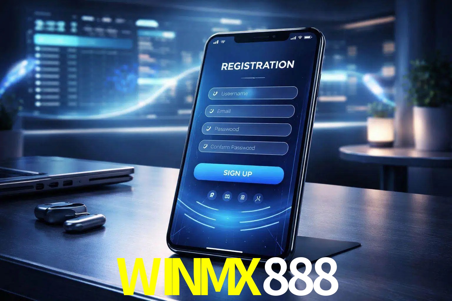 Una interfaz moderna de registro móvil para WINMX888 mostrada en un smartphone con un panel de apuestas elegante.